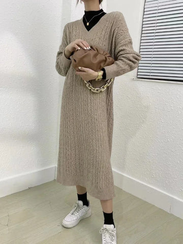Getadme New in Women's Winter Sweater Long Dress 2024 Vintage Elegant V-Neck Pullover Knitted Fashionable Commuting Women's Clothing